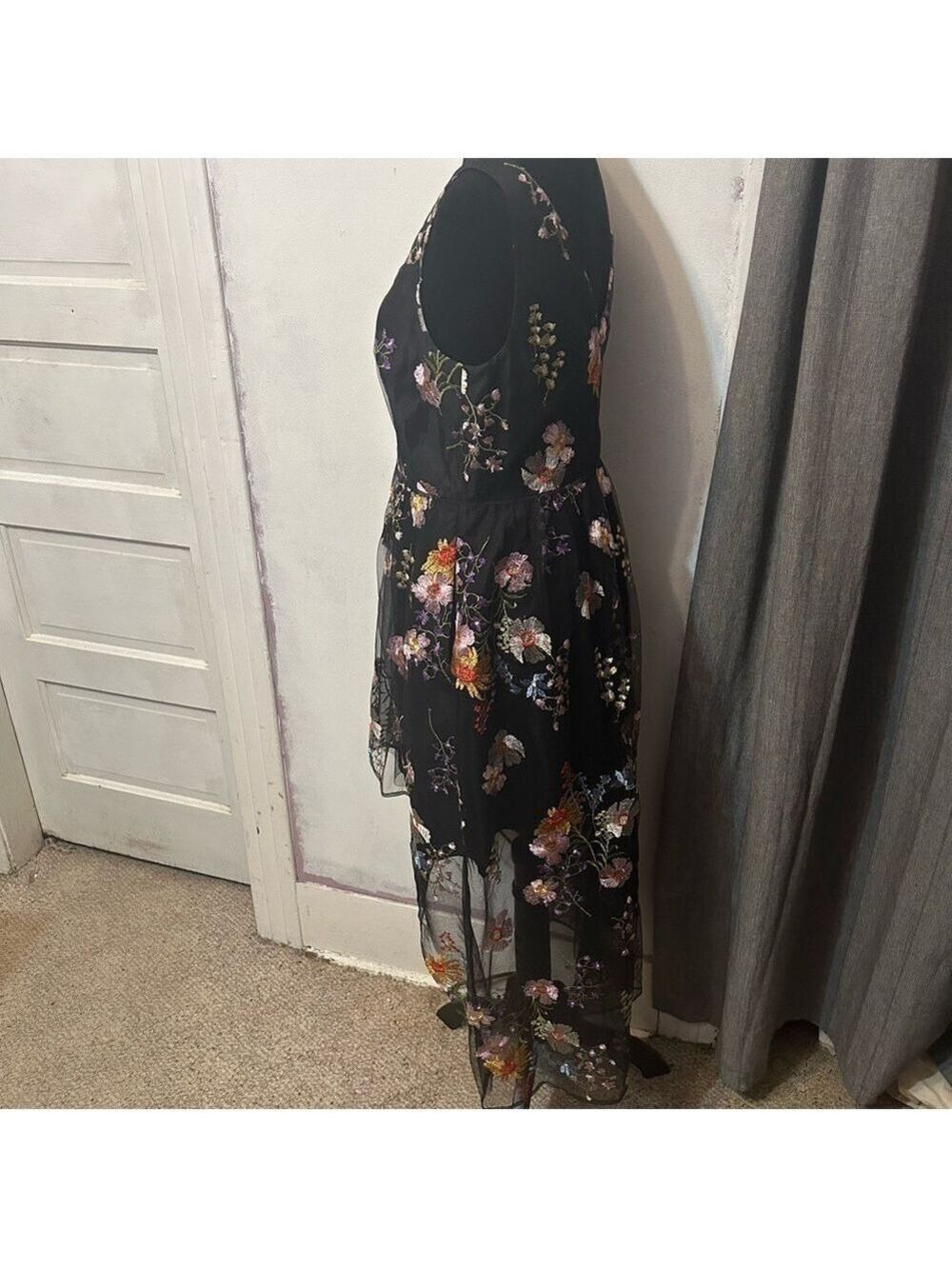 Adrianna Papell High Low Embroidered Gown Dress Floral V Neck Pockets Lined - Picture 4 of 8
